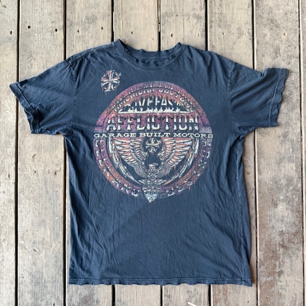 Affliction American Customs Live Fast T-Shirt Mens L Black Distressed Y2K Moto